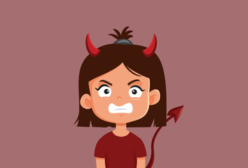 Furious Evil Child Having a Tantrum Episode Vector Cartoon Illustration. Diabolical naughty girl feeling furious making a scene acting out
