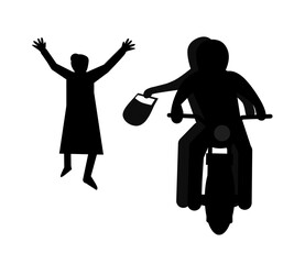 Editable vector silhouette of two men on a motorcycle stealing a handbag from a woman with figures, handbag and bike as separate objects