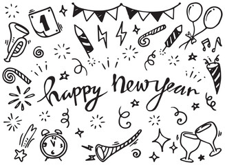 Hand drawn set elements, abstract arrows, ribbons, fireworks, celebrating new year, trumpets, hearts, stars, crowns and other elements in a hand drawn style for concept design. Scribble illustrat