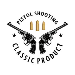 vector gun logo. two crossed pistol designs and bullets on top for club hunting, shooting, gun shop