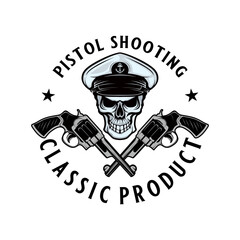 vintage gun logo design with skull concept between two pistols perfect for gun shop, gun repair or shooting club