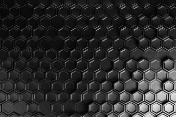 Honeycomb mosaic black geometric pattern futuristic background. 3d illustration realistic abstrac wallpaper  hexagon mesh cells texture.