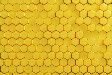 Honeycomb mosaic golden geometric pattern futuristic background. 3d illustration realistic abstrac gold wallpaper  hexagon mesh cells texture.