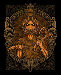 illustration scary zombie with engraving ornament