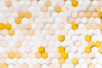 Honeycomb mosaic orange and white color ramp geometric pattern futuristic background. 3d illustration realistic abstrac wallpaper  hexagon mesh cells texture.