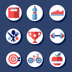 set of vector flat icons for diet and fitness.