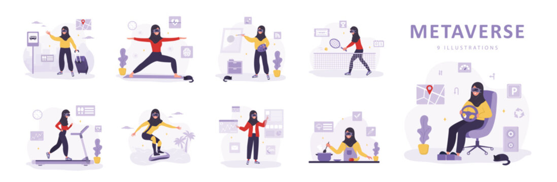 Metaverse concept. Arabian women in VR headsets working, doing sport and painting. Video game simulator. Modern technological entertainment. Set of vector illustrations in flat style.