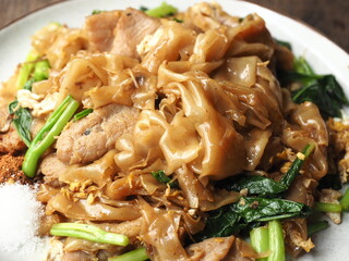 PAD SEE EW, Thai stir-fried flat noodles, pork meat, Chinese kale with dark sweet soy sauce