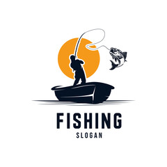 Angler fishing silhouette logo illustration at sunset logo design template