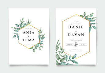Wedding invitation template with green leaves and gold frame