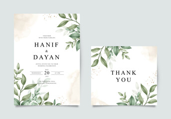 Wedding invitation template with green leaves decoration