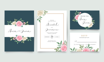Fototapeta na wymiar Wedding invitation card template set with roses and watercolor floral