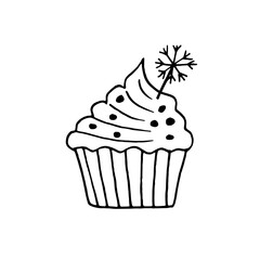 cupcake with a snowflake hand drawn in doodle style. sweet holiday dessert.