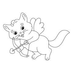 Cupid cat. Coloring book page for kids. Cartoon style character. Vector illustration isolated on white background. Valentine's Day.