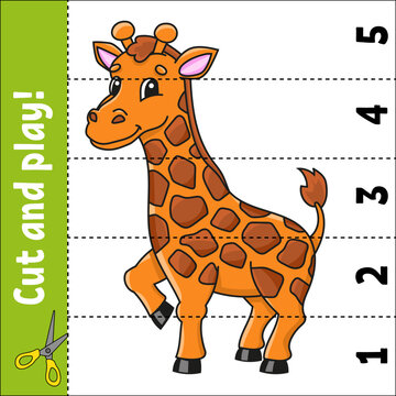 Learning numbers 1-5. Giraffe animal. Cut and play. Education worksheet. Game for kids. Color activity page. Puzzle for children. Riddle for preschool. Vector illustration. Coon style.