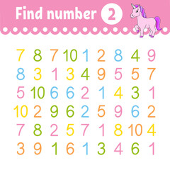 Find number. Education developing worksheet. Activity page with pictures. Game for children. Funny character. cartoon style. Vector illustration.