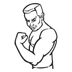 Male bodybuilder flexing his biceps. Outline silhouette. Design element. Vector illustration isolated on white background. Template for books, stickers, posters, cards, clothes.