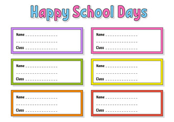 Name and class. Back to school labels. Set stickers for notebook. Bright stickers. Rectangular label. Cute characters. Color vector isolated illustration.