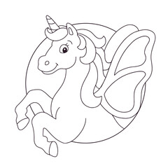 Magic unicorn. Fairy horse. Coloring book page for kids. Cartoon style character. Vector illustration isolated on white background.