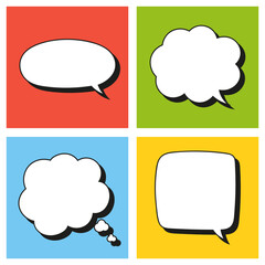 Text bubbles. Bright stickers. Comic cloud label. Color vector isolated illustration.