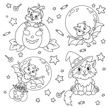 Cat in a witch hat, bat, pumpkin, moon. Halloween theme. Coloring book page for kids. Cartoon style. Vector illustration isolated on white background.
