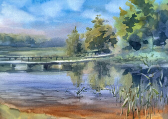 Morning landscape by the lake watercolor background