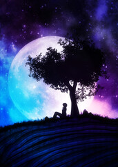 Naklejka na ściany i meble Girl under tree silhouette and full moon