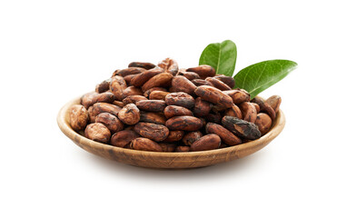 cocoa seed or cacao beans and green leaf or leaves in wood plate isolated on white background      ...