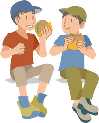 屋外でハンバーガーを食べる子供たち
