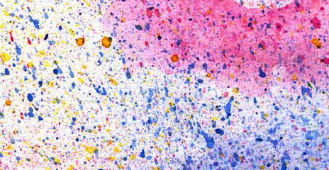 Abstract bright watercolor background with purple, blue, yellow watercolor stains and splashes. Illustration.