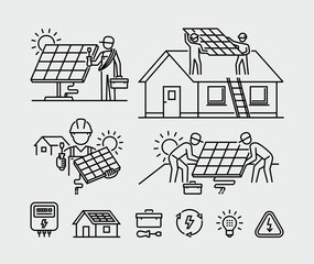 Electrician Installing Solar Cell Panels Vector Line Icons