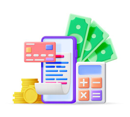 3D Phone with Paper Bill, Bank Card, Calculator and Money. Render Mobile Phone and Paper Invoice. Online Shopping, Payment, Checkout, Money Transfer Paycheck. Cashback and Refund. Vector Illustration