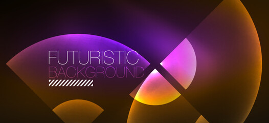 Abstract background with neon glowing light effects. Round shapes, triangles and circles. Wallpaper for concept of AI technology, blockchain, communication, 5G, science, business and technology