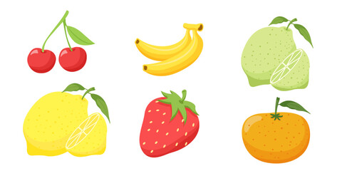 Collection set of food fruit banana lemon orange strawberry cherry
