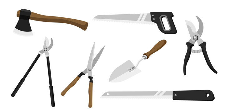 Collection set of garden tool saw scissors shovel ax