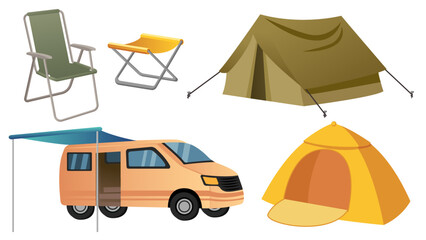 Collection set of camping object tent folding chair SUV car