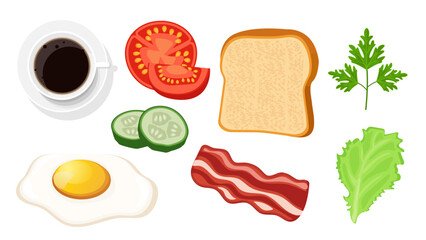 Collection set of breakfast object coffee fried egg bacon tomato cucumber vegetable toast