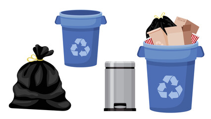 Collection set of recycled garbage dustbin paper box black plastic bag