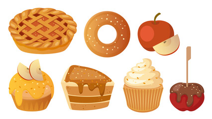 Collection set of food dessert obejct pie bagel cheese cake muffin chocolate covered apple