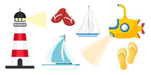 Collection set of cute cartoon object submarine sailboat flip flops lighthouse