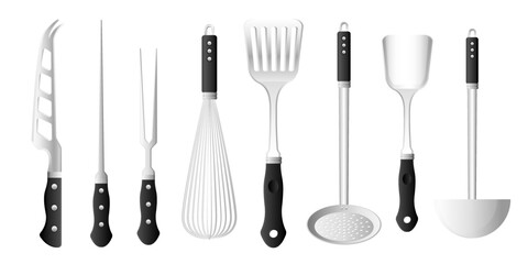 Collection set of kitchenware utensils knife filter spoon fork egg beater roast stick spatula