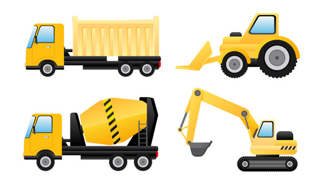 Collection set of industrial construction transportation cement mixer truck excavator