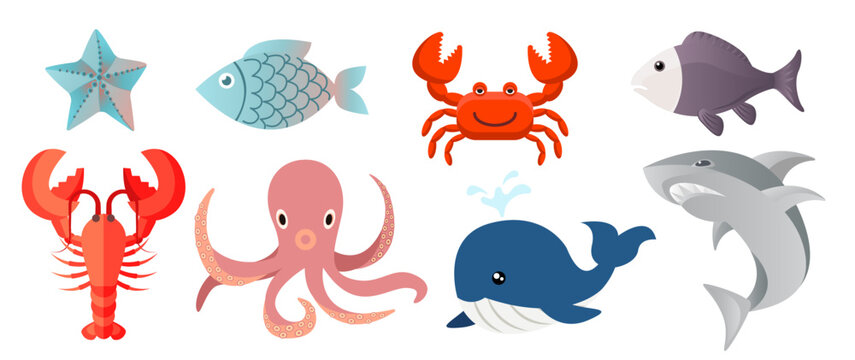 Collection set of cute cartoon marine life fish shark lobster crab sea star whale octopus