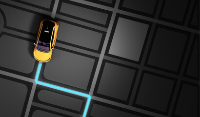 taxi cab online internet service transportation concept  yellow taxi on darck gps map 3d render illustration - obrazy, fototapety, plakaty