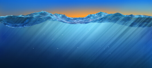 Ocean Water Line with ripples and sunrays underwater