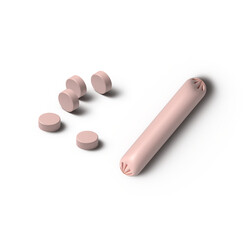 Whole and cut sausage with shadow in PNG format. 3D visualization. Graphic illustration.