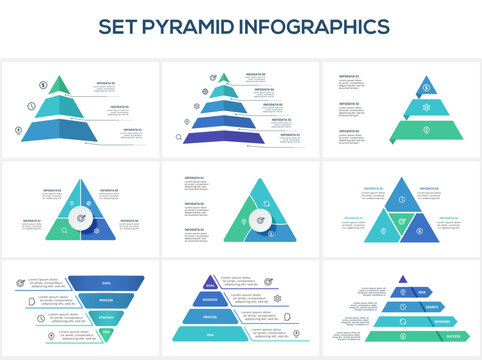 Set triangle with 3, 4, 5, 6 elements, infographic template for web, business, presentations, vector illustration. Business data visualization.