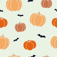 Seamless autumn pattern with orange pumpkins and bats on beige background. Illustration can be used as print on textile, typography.