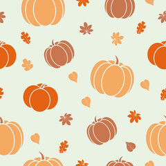 Seamless autumn pattern with orange pumpkins and leaves on beige background. Illustration can be used as print on textile, typography.