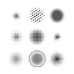 Halftone circles, halftone dot pattern texture set on white background